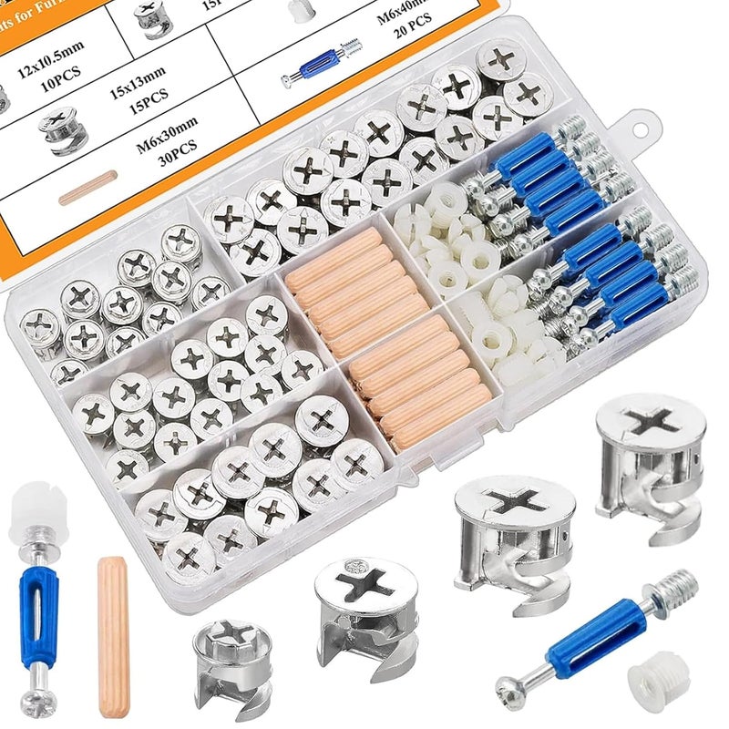 Sunxeke Cam Locks for Furniture,3-in-1 Eccentric Hardware Wheels,Furniture Fasteners & Connectors with Multi-Size Nuts,Bolts and Wood Dowel Pins-Assortment Kit for Furniture Assembly/Repair - Image 1